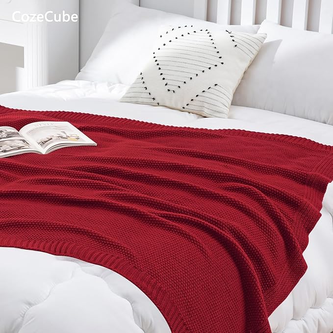 CozeCube Christmas Red Throw Blanket for Couch, Soft Cozy Cable Knit Throw for Bed Sofa Living Room, Lightweight Warm Decorative Farmhouse Christmas Blanket, 50"x60", Red