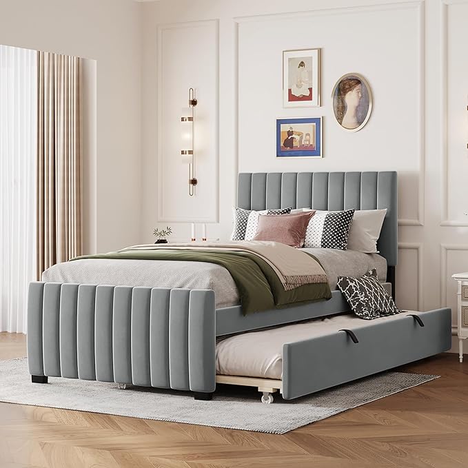 Twin Bed Frame with Trundle Bed,Velvet Upholstered Bed Frame,Twin Size Trundle Bed with Headboard,Upholstered Platform Bed Twin for Kids Teens Adults(Gray)