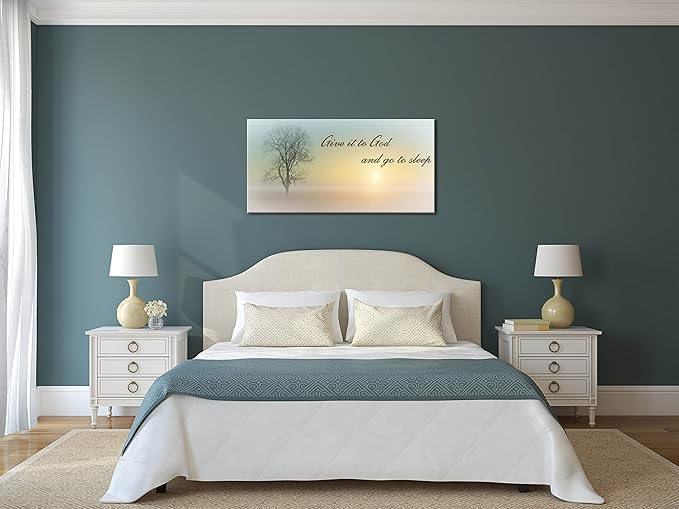 Misty Sunset & Tree Plant Picture For Bedroom Above Bed,Large White Country Wood Sign For Bathroom Canvas Wall Art,Give It To God And Go To Sleep Artwork Decor,Gallery Wrapped Gift,Inner Frame(30x60)