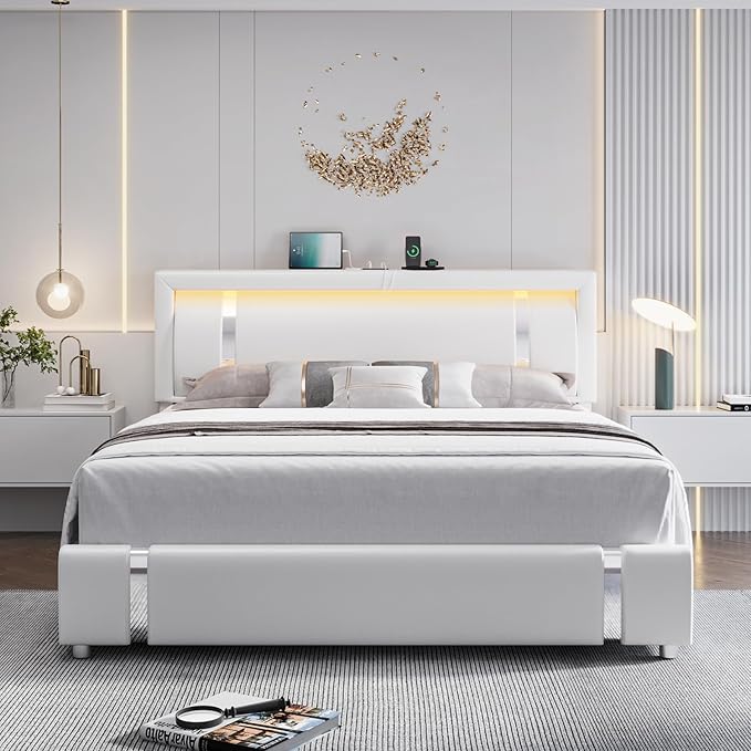 Keyluv King Size Bed Frame with RGB LED Lights & 2 Storage Drawers, Modern Upholstered Platform Bed with Iron Metal Decor, USB Charging Ports, White