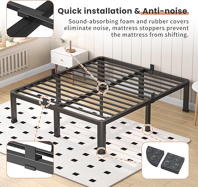 14 Inch Full Heavy Duty 3500 lbs Bed Frame with Round-Corner Legs & Anti-Squeak Design – Quick Assembly Metal Platform, No Box Spring Needed