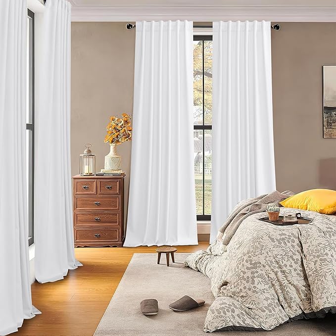 RYB HOME 100% Blackout White Velvet Curtains for Bedroom, Back Tab and Rod Pocket Thermal Insulated Room Darkening Curtains 84 inches Long for Living Room Nursery, White, 52W x 84L, 2 Panels