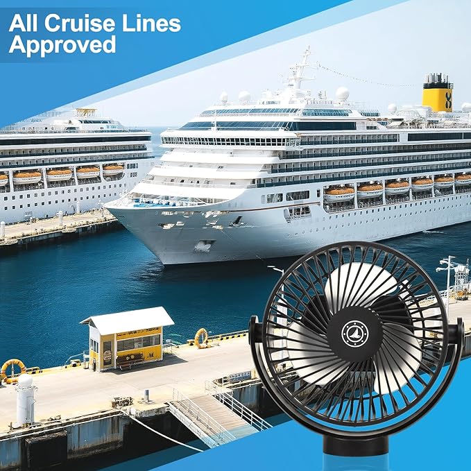 Magnetic Cruise Fan with 12000mAh Battery - Portable Cabin Air Circulator, 3-Speed LED Desk Fan with Timer, Power Bank & Ceiling/Wall Mount, Cruise Ship Approved for Travel (Black)