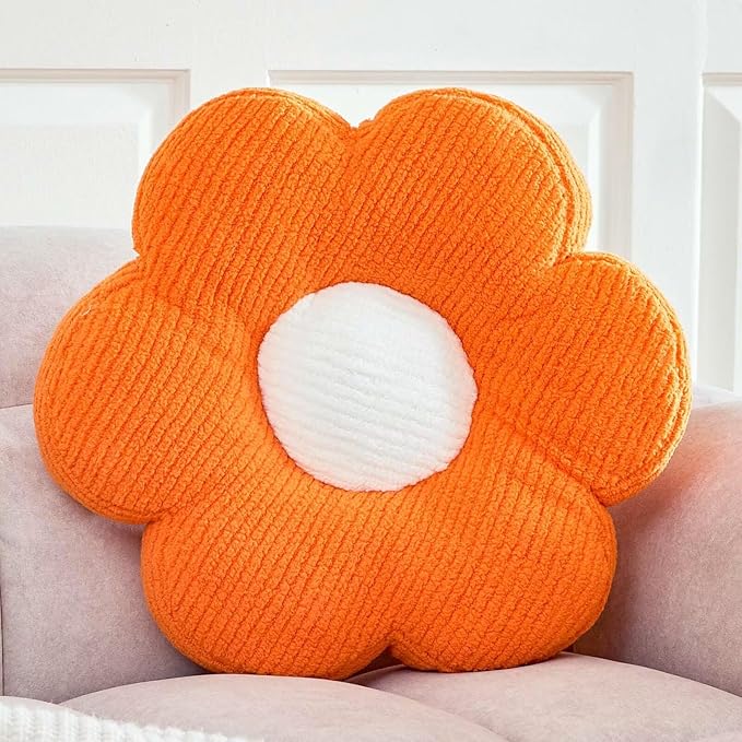 Kcvvcr Flower Pillow, Cute Daisy Decorative Pillow for Bed, Soft Home Decor Floor Seating Cushion (Orange, 14.9 Inches)