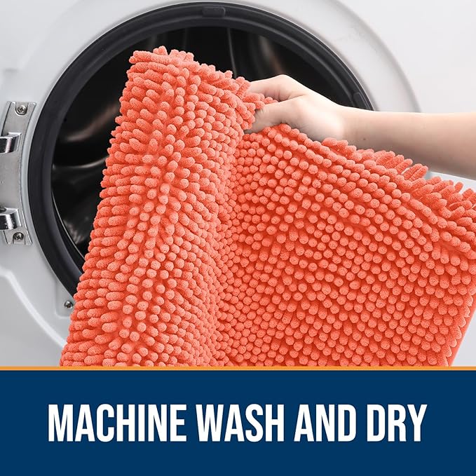 OLANLY Dog Door Mat for Muddy Paws 36x24, Absorbs Moisture and Dirt, Absorbent Non-Slip Washable Doormat, Quick Dry Chenille Mud Mat for Dogs, Entry Indoor Entryway Carpet for Inside Floor, Coral