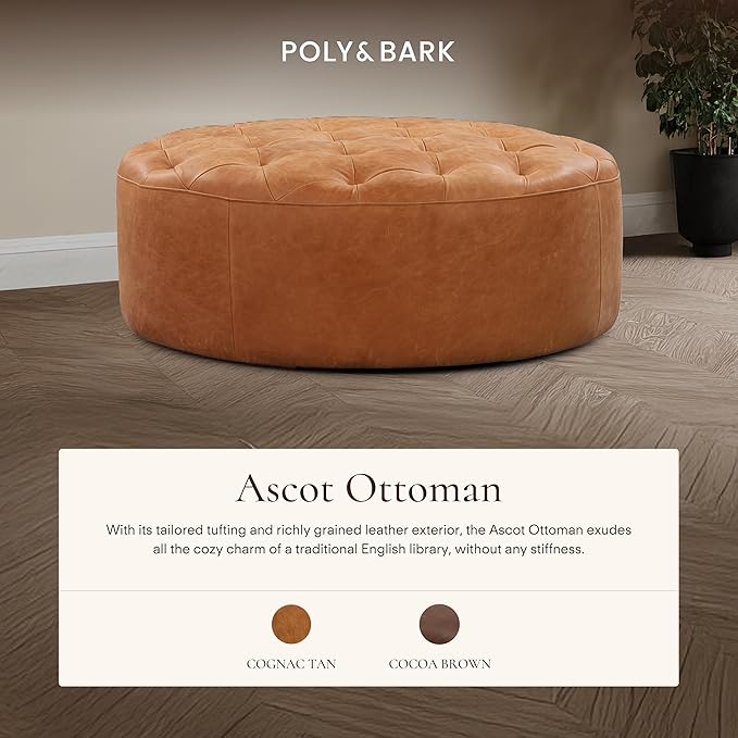 POLY & BARK Ascot Ottoman – 40" Round Pouf with Feather-Down Topper – Full-Grain Leather Upholstered Pouf Ottoman for Living Room – Vintage Italian Leather in Cognac Tan
