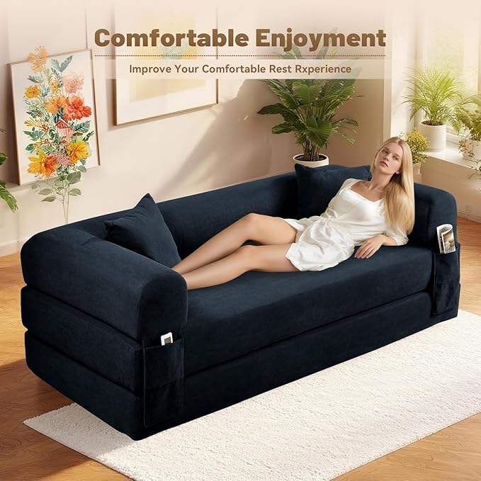 Convertible Futon Sofa Bed,80" Folding Pull Out Couch Bed with Storage,Queen Sleeper Sofa Bed,Compressed Couch in a Box,Corduroy Boneless Couches for Living Room,Deep Blue