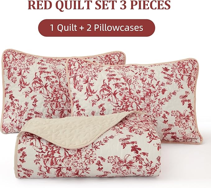 WONGS BEDDING Quilt Queen Size, Christmas Red Quilt Bedding Set with 2 Pillowcases, Botanical Quilts for Queen Bed, Soft Microfiber Lightweight Coverlet Bedspread for All Season (96"×90", 3 Pieces)