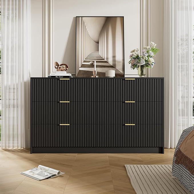 Black Dresser for Bedroom, Modern Dresser with 6 Drawers and Smooth Slides, Wide Chest of Drawers with Golden Handles for Bedroom, Living Room, Closet, 15.7" D x 55.1" W x 31.4" H