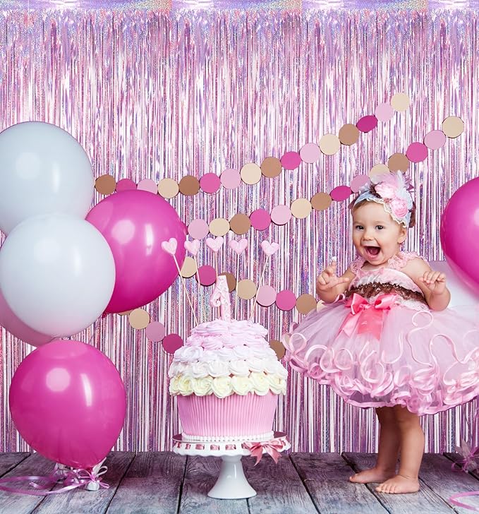 GOER 3.2 ft x 8.2 ft Metallic Tinsel Foil Fringe Curtains Party Photo Backdrop Party Streamers for Birthday,Graduation,New Year Eve Decorations Wedding Decor(5 Packs,Laser Pink)
