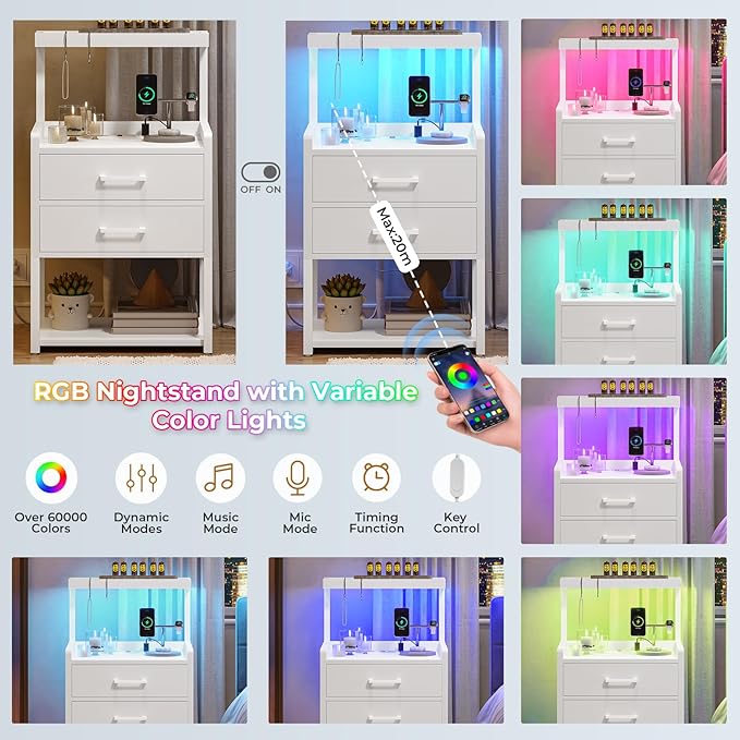 VIAGDO Nightstands Set of 2 with Charging Station, LED Night Stand with 2 Drawers, White Modern Bedside Tables with Open Storage Shelves, End Side Tables for Bedroom, Office