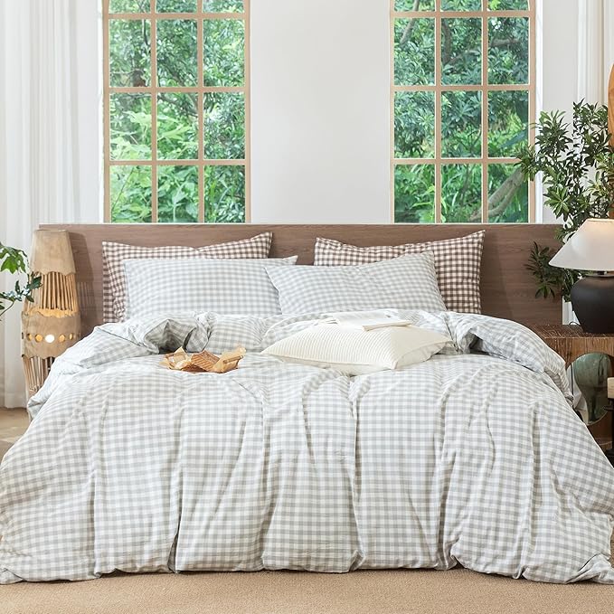 MooMee Gingham Duvet Cover Set 100% Washed Cotton Linen Like Textured Breathable Durable Soft Comfy Modern Checkered Design (Northern Droplet Grey Gingham, Super King 108"x98")