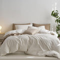 MooMee Striped Duvet Cover Set 100% Washed Cotton Linen Like Textured Breathable Durable Soft Comfy (White Tannish Linen Grey Wide Stripes, Cal King 104"x98")