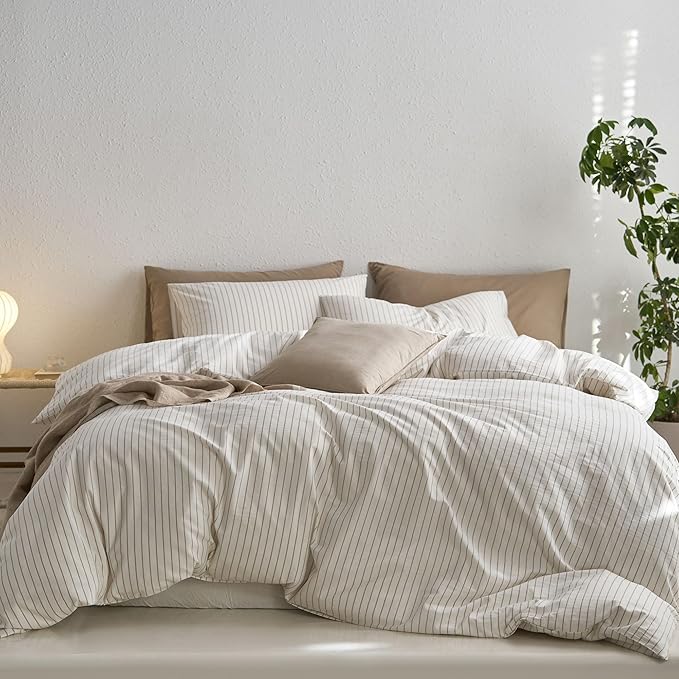 MooMee Striped Duvet Cover Set 100% Washed Cotton Linen Like Textured Breathable Durable Soft Comfy (White Tannish Linen Grey Wide Stripes, Cal King 104"x98")