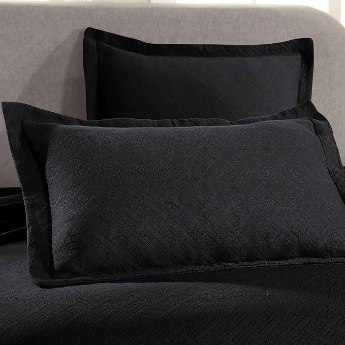 Superior 100% Cotton Basket Weave Bedspread with Shams, All-Season Premium Cotton Matelasse Jacquard Bedding, Quilted-Look Geometric Basket, Queen, Black