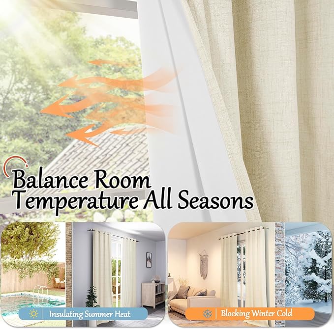 60 Inch Wide Linen Blackout Curtains for Living Room/Bedroom 84 Inch Length 2 Panels, Total Black Out Thermal Insulated Soundproof Grommet Boho Window Drapes White Liner for Modern Farmhouse, Cream