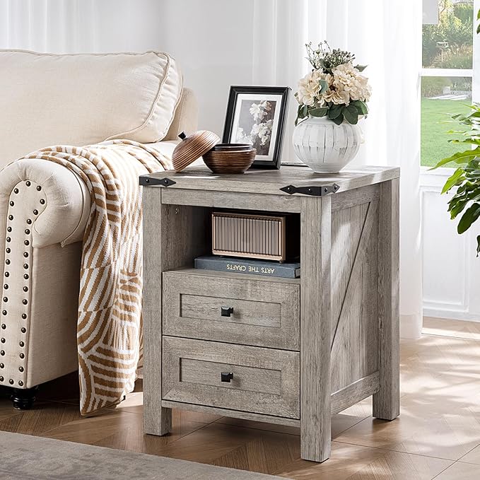 Joaxswe Nightstands Set of 2 with Charging Station, Farmhouse Night Stand with 2 Drawers and Shelf Storage, Wooden Side End Table, Bedside Cabinet for Bedroom, Living Room, Closet,Office (Grey)