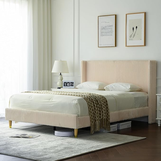 PINJU Queen Size Bed Frame, Upholstered Platform Bed with Modern Vertical Striped Wingback Headboard with Wooden Slats, Easy to Assemble No Noise Free (Beige, Queen (U.S. Standard))