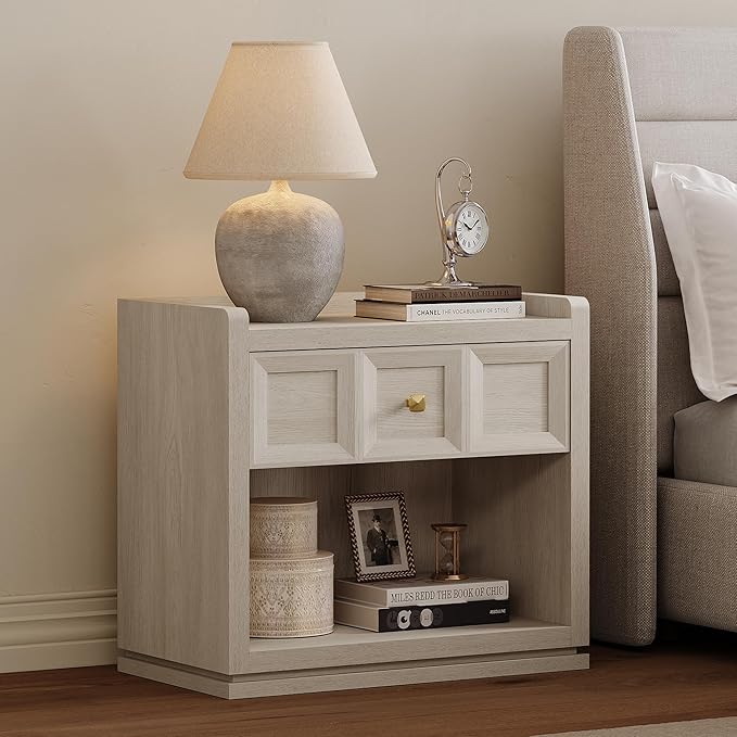 SICOTAS Night Stand Set 2, 26" Wide Nightstands with Drawer, Large Queen Size Nightstands Set of 2, Modern Bedside Table for Bedroom, Side End Table, Grey White Oak
