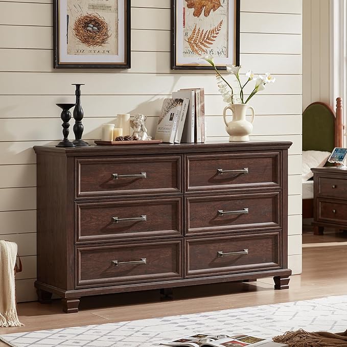 Farmhouse Espresso 6 Drawer Dresser for Bedroom, 54 inch Wide Vintage Large Chest of Drawers with Wood Legs, Rustic TV Console for Living Room, Walnut Wooden Storage Closet Dressers