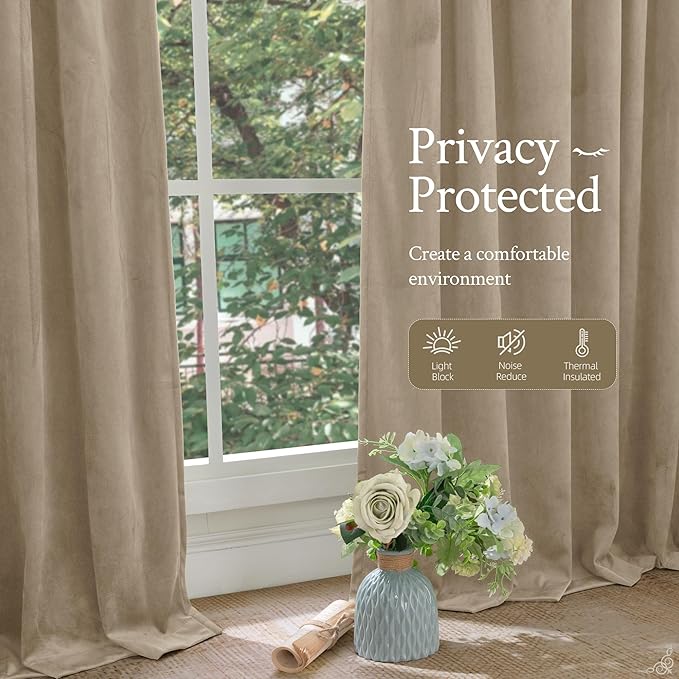 LAMIT Taupe Velvet Curtains for Living Room, 102 Inch Room Darkening Panels Thermal Insulated Back Tab and Rod Pocket Drapes for Bedroom/Sliding Glass Door, 2 Panels, 52 x 102 Inch