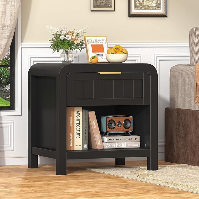 IKENO Wood Nightstand with Storage Drawer, 21" Wide Night Stand with Curved Profile Design, Bedside End Table for Bedroom, Living Room, Closet (1, Black, 1 Drawer)
