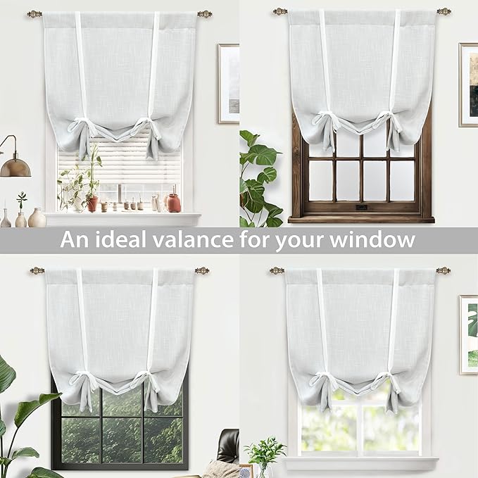 DriftAway Double Layer Linen Blackout Tie Up Curtains Thermal Insulated Fully Lined Balloon Roman Shade Bathroom Window Adjustable Rod Pocket for Small Window 25 Inch by 47 Inch White
