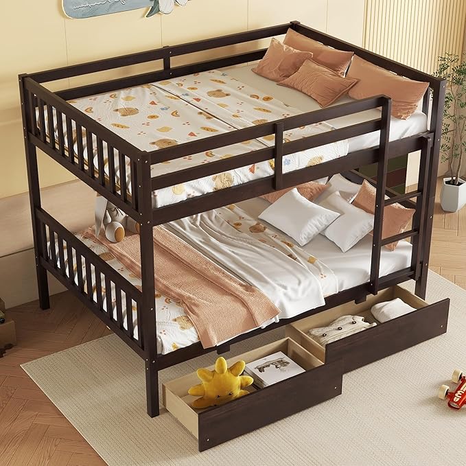 Full Over Full Bunk Bed with Storage Drawers,Convertible Bunk Beds with Ladder & Safety Guardrails,Full Size Bunk Beds for Kids Girls Boys,Espresso