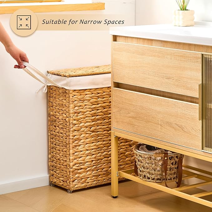 Handwoven Slim Laundry Hamper with Lid, 55L Natural Water Hyacinth Basket and Handles, Narrow Wicker Laundry Basket with Removable Liner Bag & 2 Mesh Bags