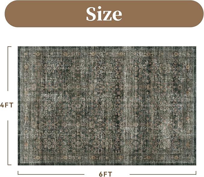 MontVoo-Vintage Area Rug 4X6 Green Rugs for Living Room-Soft Distressed Printed Rugs for Bedroom-Non Slip Carpet-Machine Washable Rug for Dining Room Living Room Bedside Office