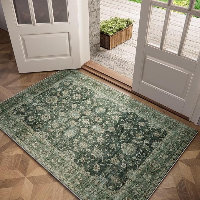 Washable 3x5 Entryway Rug, Boho Non-Slip Vintage Distress Small Rugs for Kitchen Nursery Office Bedroom, 0.3" Neutral Oriental Throw Thin Carpet with Cushioning Pad, Sage Green/Blue/Multi