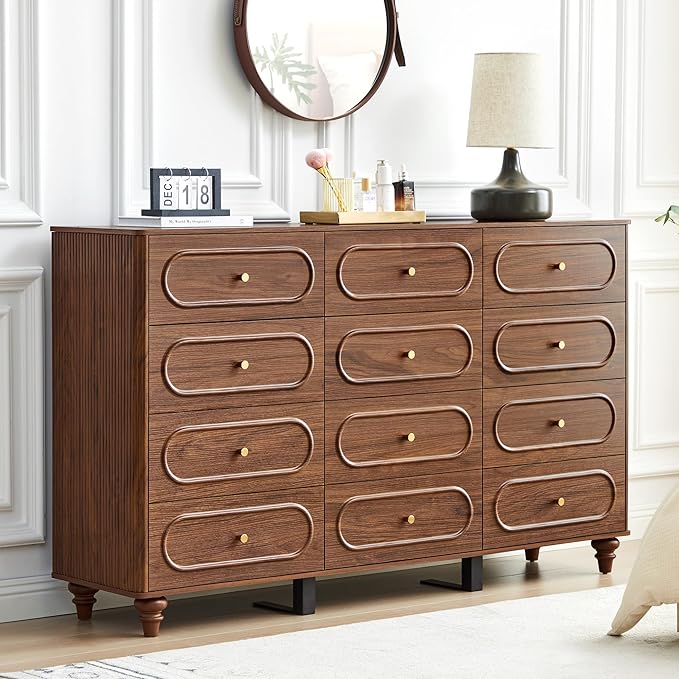 12 Drawer Fluted Dresser for Bedroom, Mid Century Modern Chest of Drawers, Wood Storage Small Dresser Organizer for Bedroom Living Room Hallway Closet, Walnut