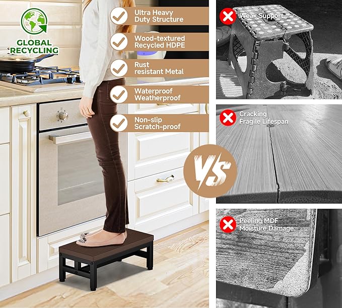 Y&M One Step Stool for Adults Kids, Adjustable Non-Slip Foot Stool with Sturdy Metal Frame, Bed Step for High Beds, Portable Step for Kitchen, Bathroom, Bedroom, Living Room – Coffee