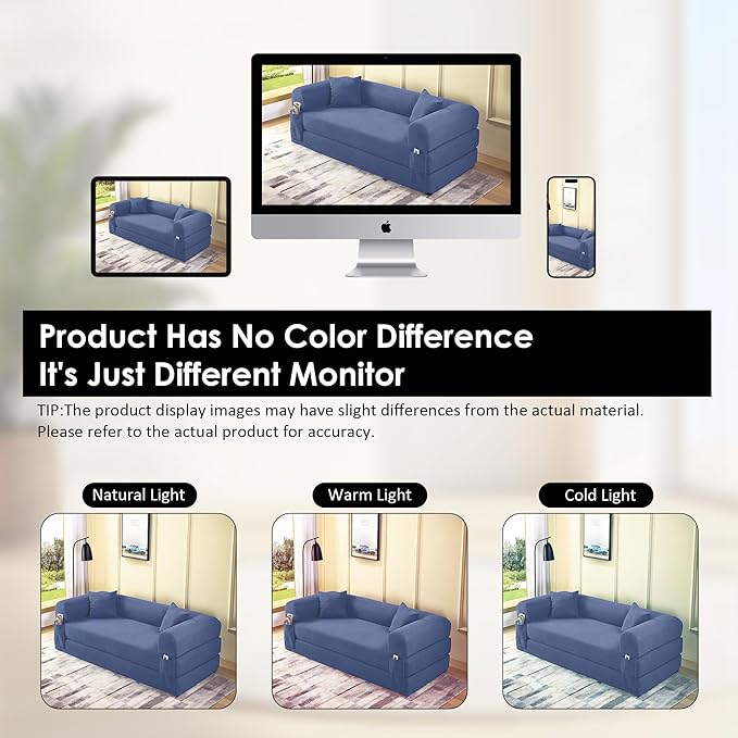 80" Convertible Sofa Bed, 3-in-1 Corduroy Folding Pull Out Couch with Pillows, No Assembly Modern Boneless Couch Compression Sofa in Box, Floor Sofa with Side Storage for Living Room,Dark Smog Blue