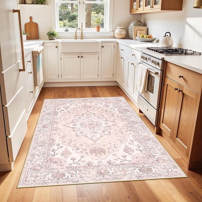 Area Rugs 4'x6' Washable Non-Slip, Floral Vintage Distress Print Pattern Medallion Carpet for Living Room Bedroom Dining Room, Pink Greypink Cute