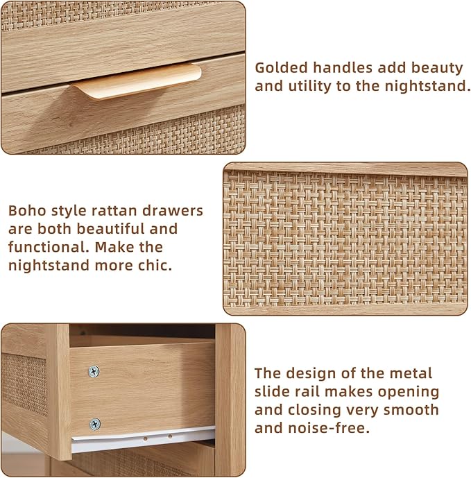 LEYAOYAO 31.5" Wide Rattan Night Stands Set 2, Oversized Large Boho Nightstand with 2 Drawer, Natural Wood Bed Side End Tables with Storage Shelf, Tall Bedside Table for Bedroom Living Room, Hallway