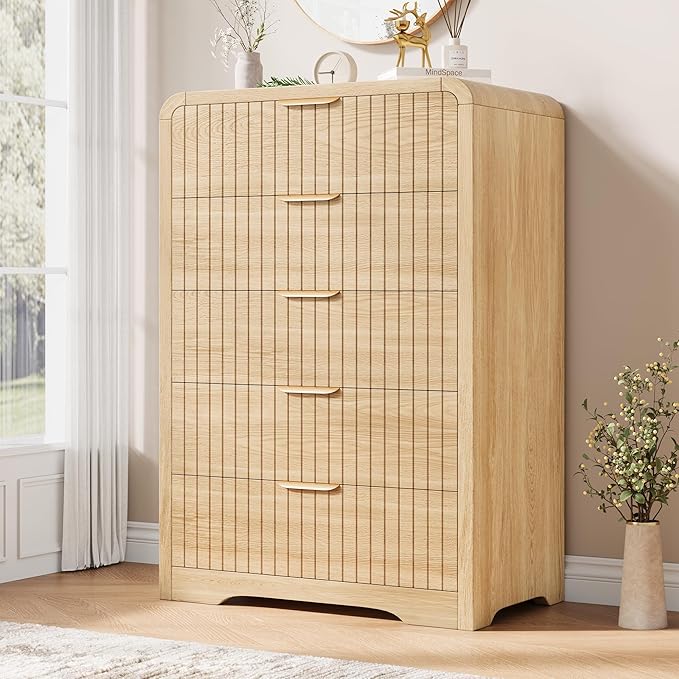 Fluted 5 Drawer Dresser, 43" Tall Dressers & Chests of Drawers Curved Profile Design, Wood Mid Century Vertical Dresser Natural Texture for Bedroom, Natural Oak Dresser