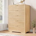 Fluted 5 Drawer Dresser, 43" Tall Dressers & Chests of Drawers Curved Profile Design, Wood Mid Century Vertical Dresser Natural Texture for Bedroom, Natural Oak Dresser