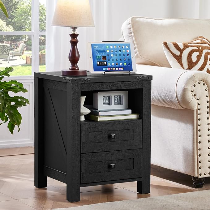Joaxswe Night Stands with Charging Station Set of 2, Farmhouse Nightstand, Wooden Bedside End Tables with 2 Drawers and Open Shelf, Bed Side Table for Bedroom, Living Room, Closet, Office (Black)