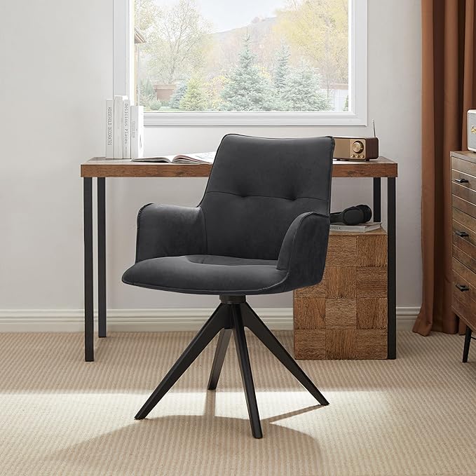 Art Leon Swivel Desk Chair - Faux Leather Upholstered Office Chair No Wheels, Mid Century Modern Armchair with Black Oak Wood Legs for Small Space Living Room Bedroom, Black
