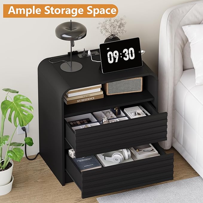 24" Wide Modern Fluted Nightstand with Charging Station, Wood Bedside Table with 2 Storage Drawers, Mid Century End Table Nigthstand with Curved Profile for Bedroom, Living Room, Black