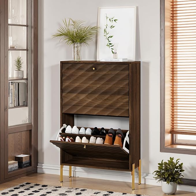 Smuxee Walnut Shoe Cabinet with 2 Flip Drawers, 23.6" Hidden Shoe Storage Cabinet with Golden Metal Feet, Freestanding Shoe Organizer Cabinet for Entryway, Hallway, Living Room