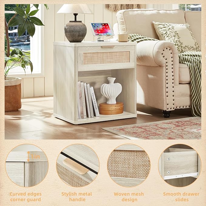 LEYAOYAO Rattan Nightstand with Charging Station, Grey White Night Stand with Drawer, 23" Wide Boho Bedside Table with Storage Shelf, Bed Side End Tables for Bedroom, Living Room, Hallway