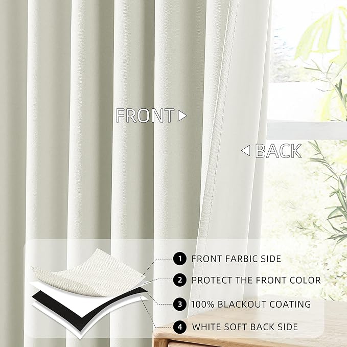 ChrisDowa 100% Blackout Iovry Solid Curtains 108 Inches Long 2 Panels for Bedroom Living Room,Farmhouse Room Darkening Thermal Insulated Soundproof Grommet Top Window Treatment Drapes,52x108