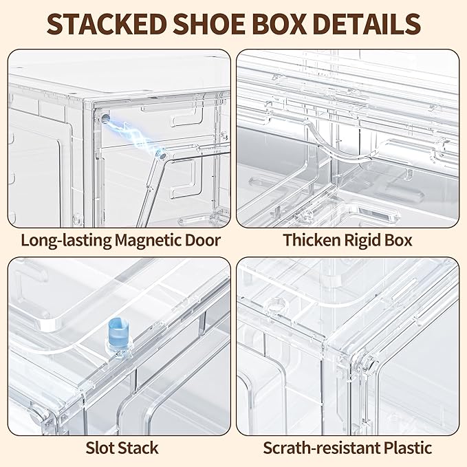 12 Pack XX Large Shoe Organizer, Heavy-Duty Hard Thicken Plastic Clear Stackable Shoe Storage Box Organizer for Closet, Space-Saving Shoe Rack Display Case Bin Containers for Sneakers, Clear