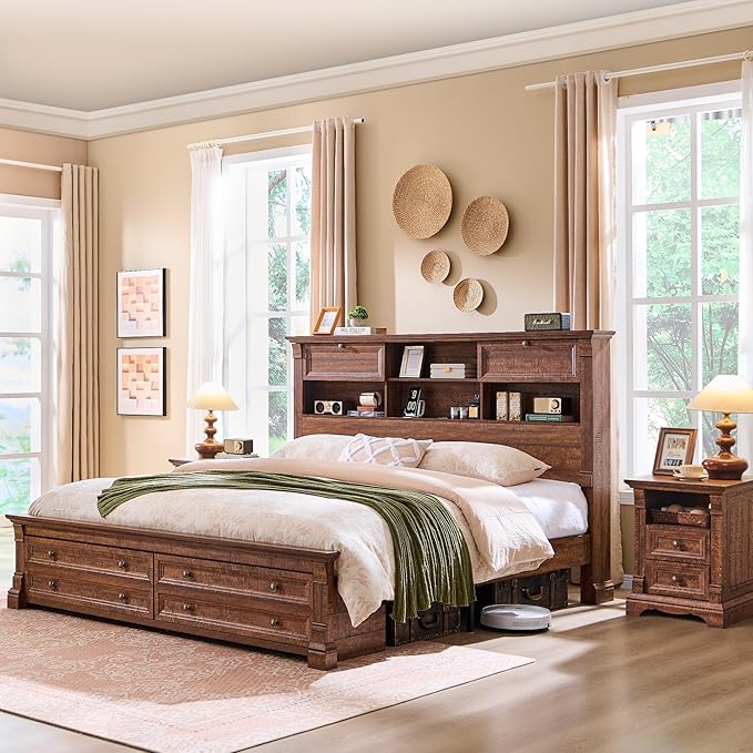 Farmhouse Queen Size Bed Frame with 54" Tall Storage Bookcase Headboard, Wood Platform Bed Frame with 18" Tall Roman Column Decoration Footboard & 2 Drawers, No Box Spring Needed(Reclaimed Barnwood)