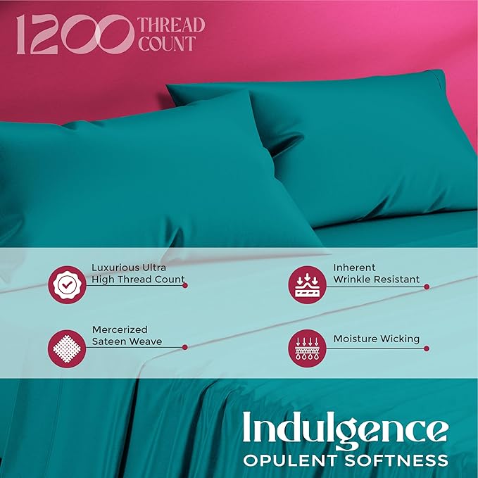 Mayfair Linen 100% Egyptian Cotton Queen Sheet Set - Luxury 1200 High Thread Count Egyptian Cotton Sheets Queen Size (4 PC, Teal), Silky Soft, Cooling, 17" Deep Pocket Sateen Weave Hotel Bedding