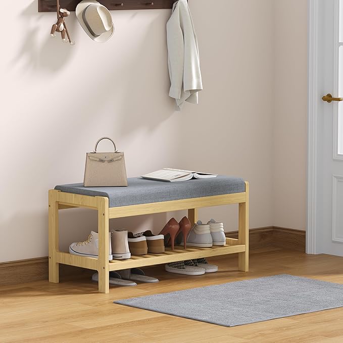 Shoe Bench Entryway, Solid Wood 2-Tier Shoe Rack Bench with Padded Seat, Shoe Organizer for Hallway Living Room, Mudrooms, Natural