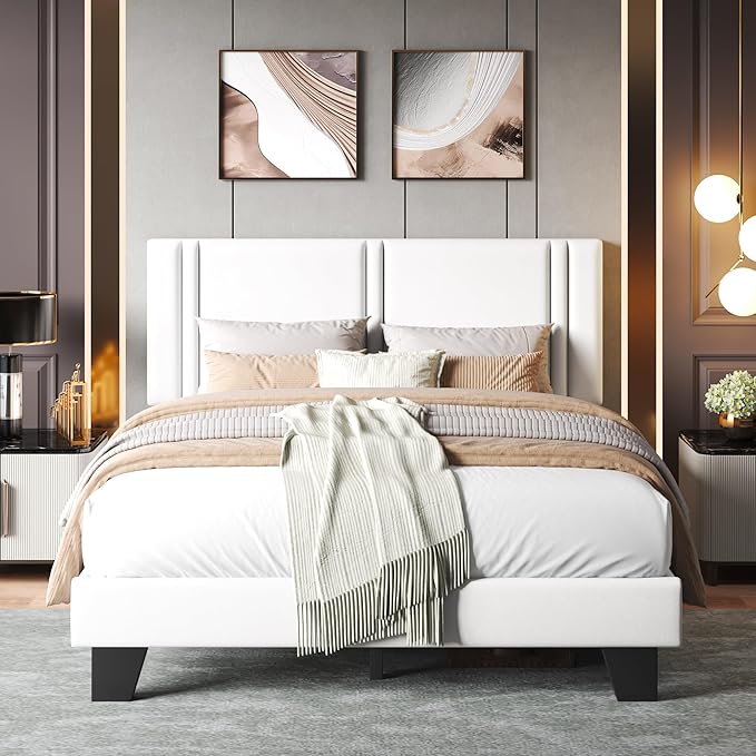 Upholstered Queen Size Bed Frame with Velvet Fabric Headboard, Strong Wooden Slats Support, Noise Free, No Box Spring Needed, White