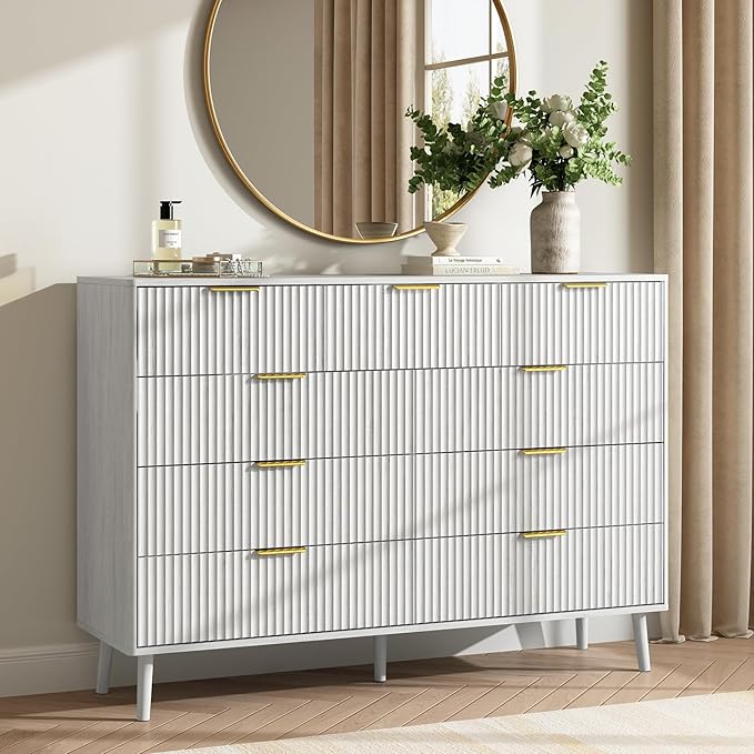 CARPETNAL Fluted 9 Drawer Dresser for Bedroom, 55" Wide Wooden Chest of Drawers with Rounded Corners, Gold Handles, Modern Storage Organizer for Bedroom, Hallway(White)